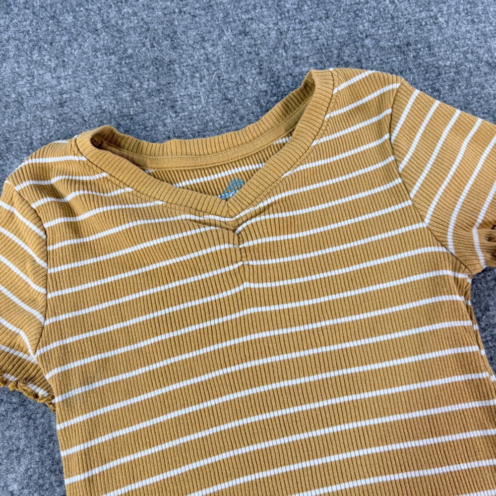 Thereabouts Kids Yellow White Striped Ribbed V-Neck Lettuce Edge Top M 10/12